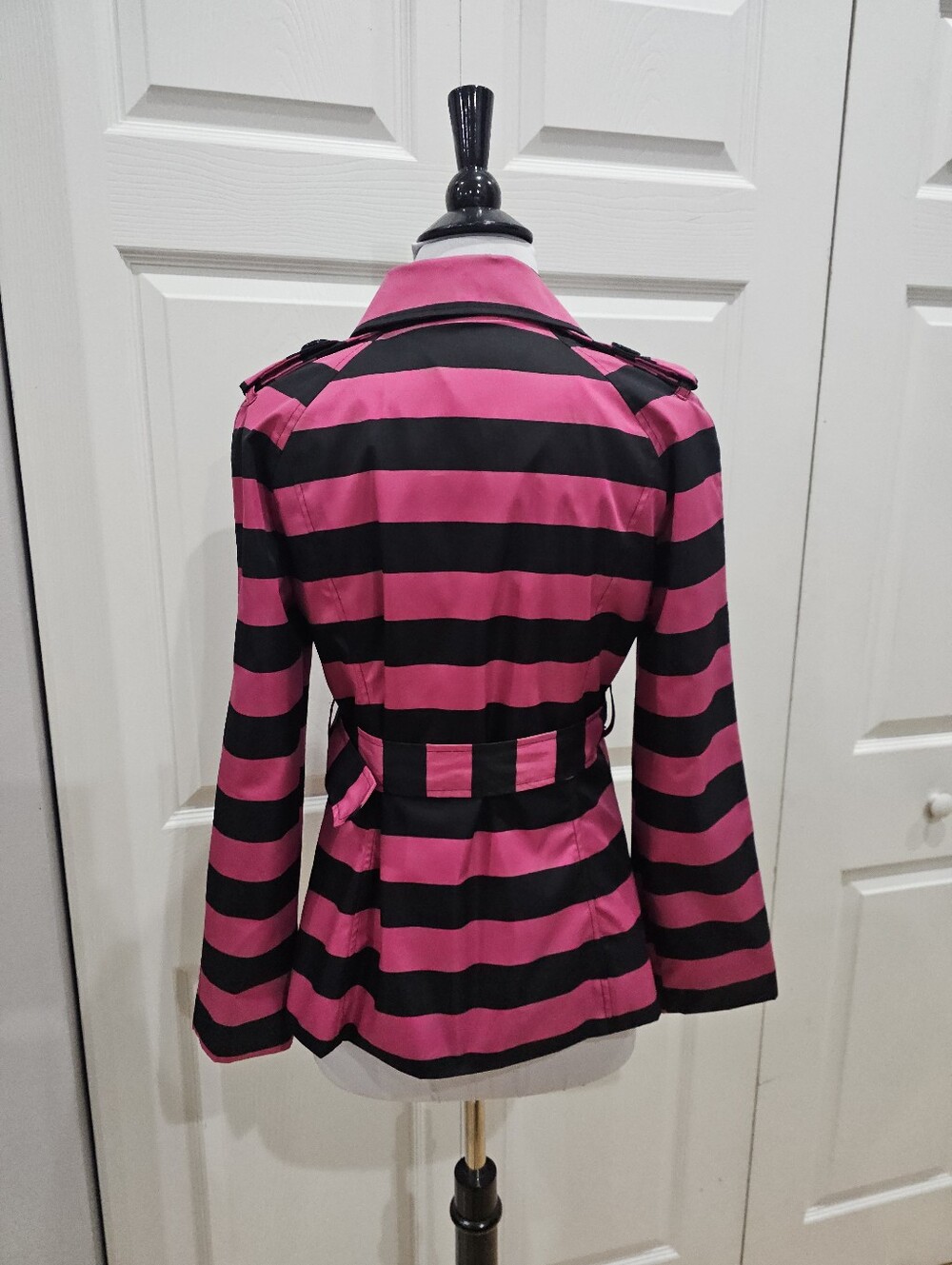 Cynthia Rowley Black Pink Striped Double Bressted Button Rain Jacket Coat Trench - Picture 7 of 16